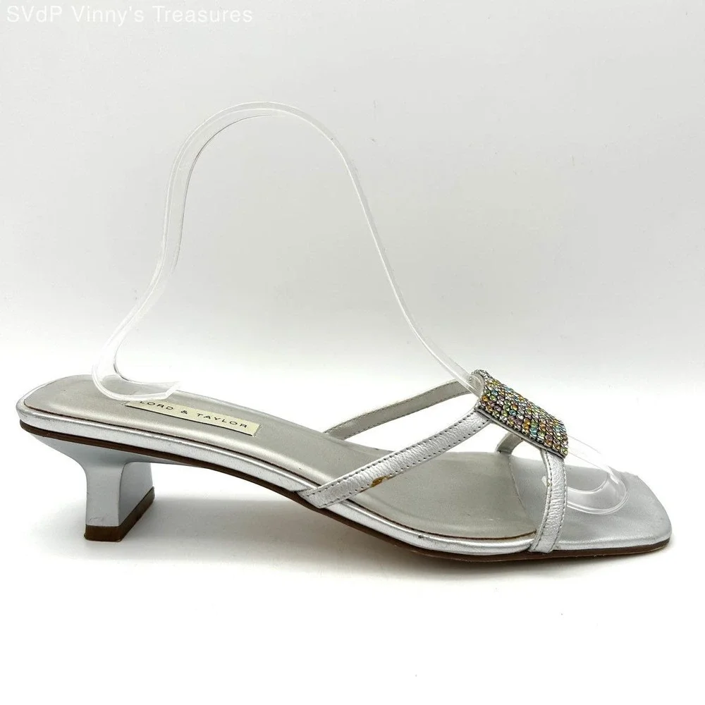 Lord & Taylor Palace Silver Rhinestone Kitten Heel Slide Sandals Size 9M